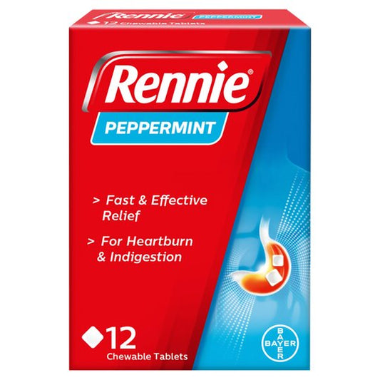 Rennie Peppermint 12 Pack Chewable Tablets - Fast-Acting Relief