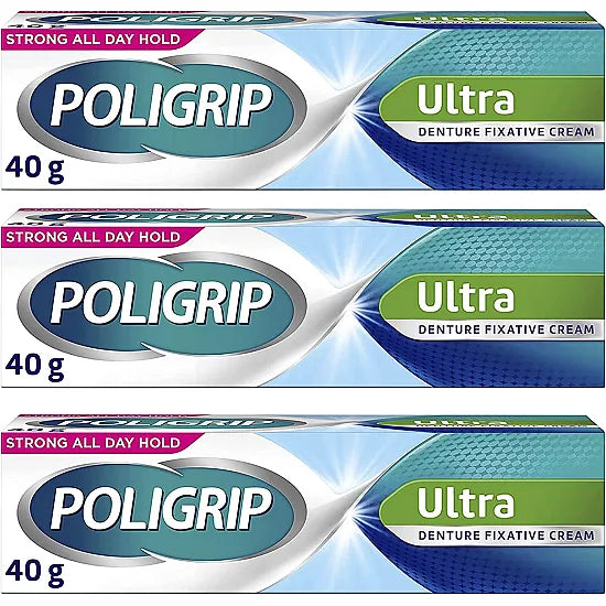 Poligrip Denture Fixative Cream Ultra - Bundle of 3 x 40g Tubes