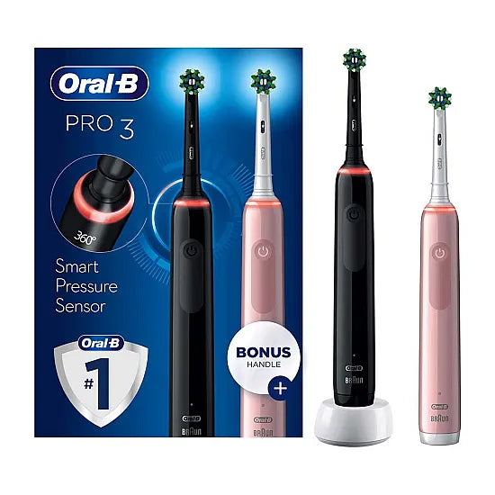 Oral-B Pro 3 3900 Duo Electric Toothbrush Set - Smart Pressure Sensor - Black & Pink Pack