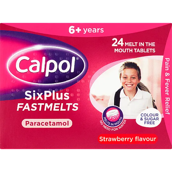 Calpol Sixplus FastMelts Strawberry - 24 Tablets for Children's Pain and Fever Relief