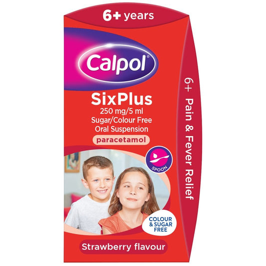 Strawberry Flavored Calpol SixPlus Sugar-Free Pain Relief Syrup